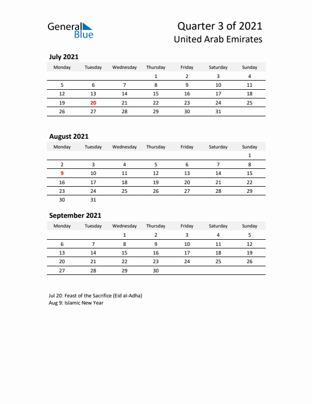 2021 Q3 Three-Month Calendar for United Arab Emirates