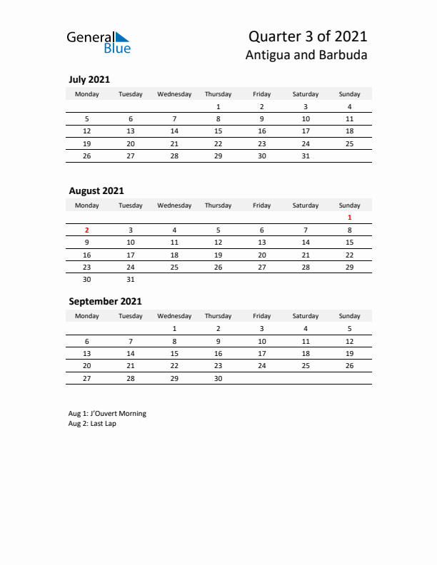 2021 Q3 Three-Month Calendar for Antigua and Barbuda