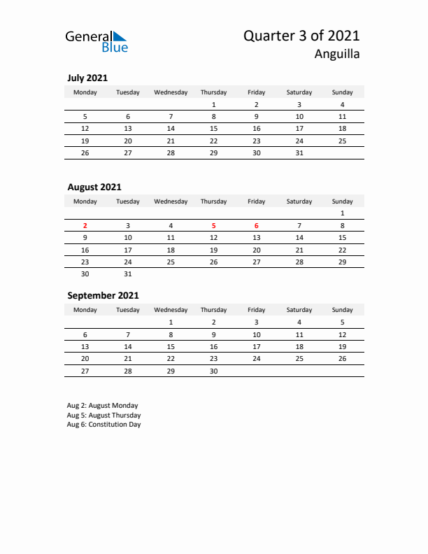 2021 Q3 Three-Month Calendar for Anguilla