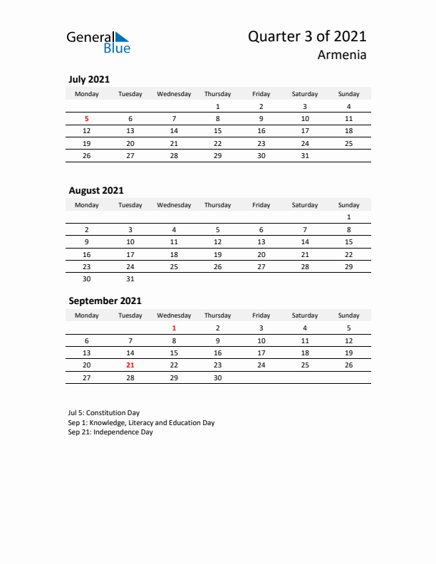 2021 Q3 Three-Month Calendar for Armenia