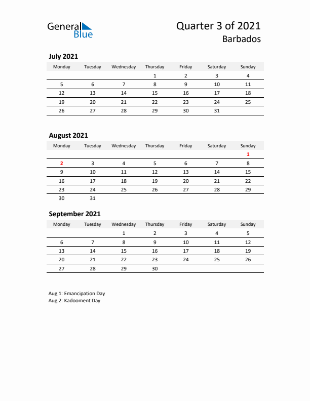 2021 Q3 Three-Month Calendar for Barbados