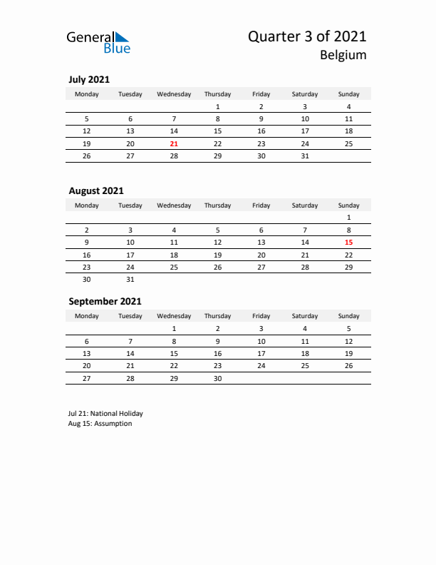 2021 Q3 Three-Month Calendar for Belgium