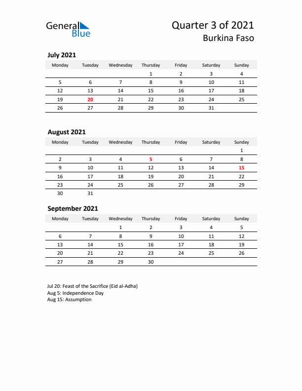 2021 Q3 Three-Month Calendar for Burkina Faso