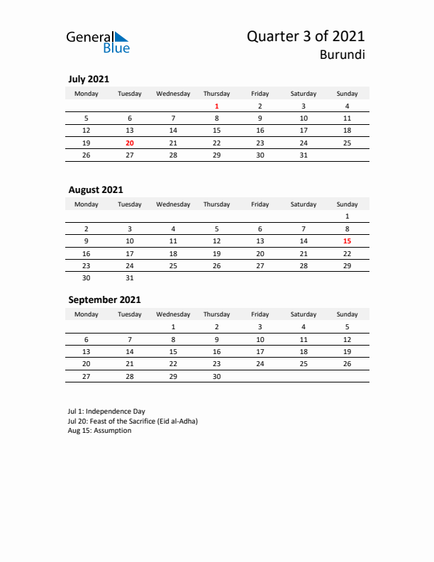 2021 Q3 Three-Month Calendar for Burundi