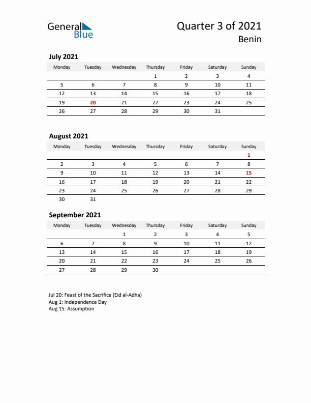 2021 Q3 Three-Month Calendar for Benin