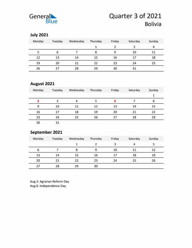 2021 Q3 Three-Month Calendar for Bolivia