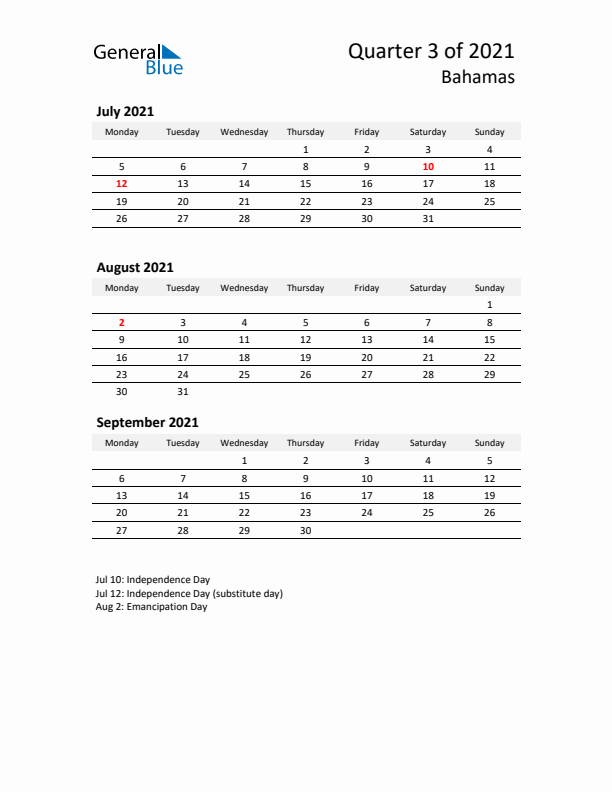 2021 Q3 Three-Month Calendar for Bahamas