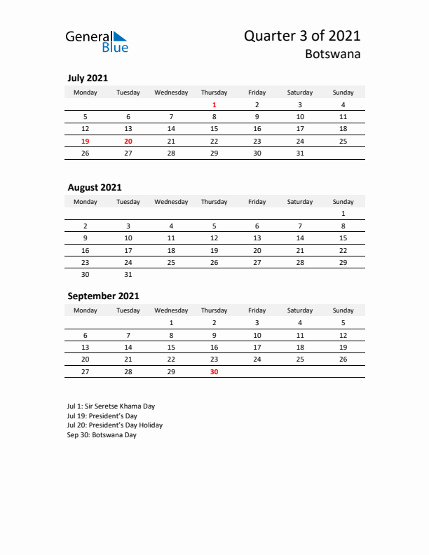 2021 Q3 Three-Month Calendar for Botswana