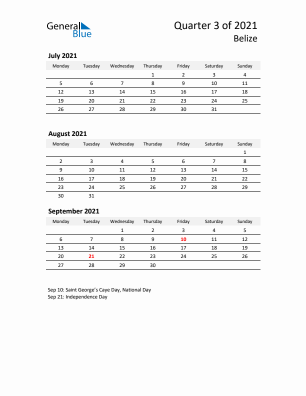 2021 Q3 Three-Month Calendar for Belize