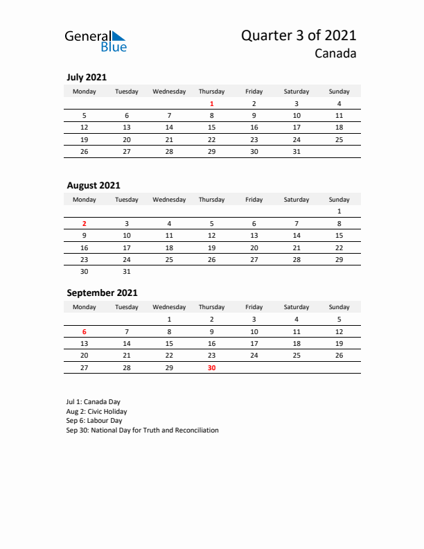 2021 Q3 Three-Month Calendar for Canada