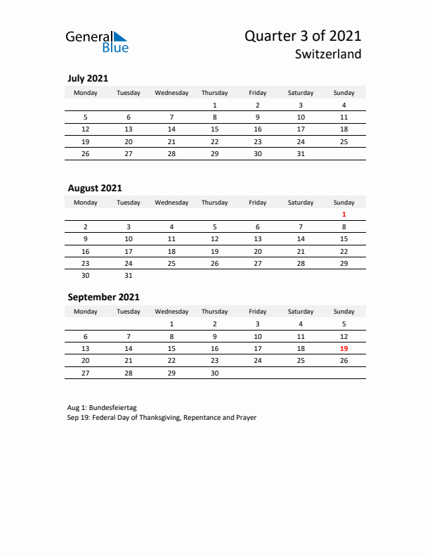 2021 Q3 Three-Month Calendar for Switzerland