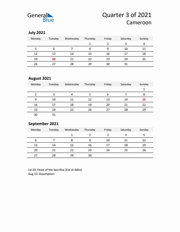 2021 Q3 Three-Month Calendar for Cameroon