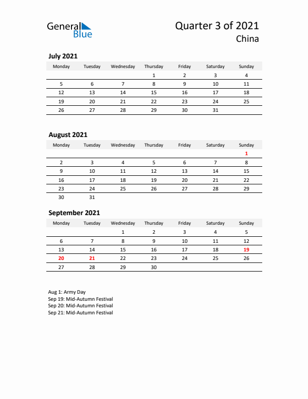 2021 Q3 Three-Month Calendar for China