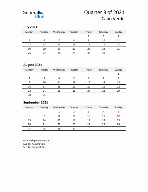 2021 Q3 Three-Month Calendar for Cabo Verde