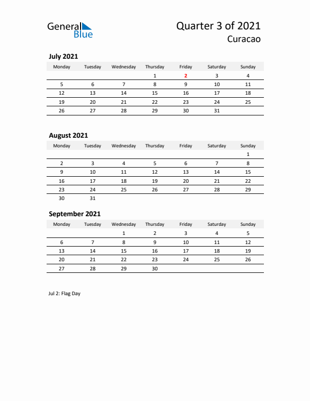 2021 Q3 Three-Month Calendar for Curacao