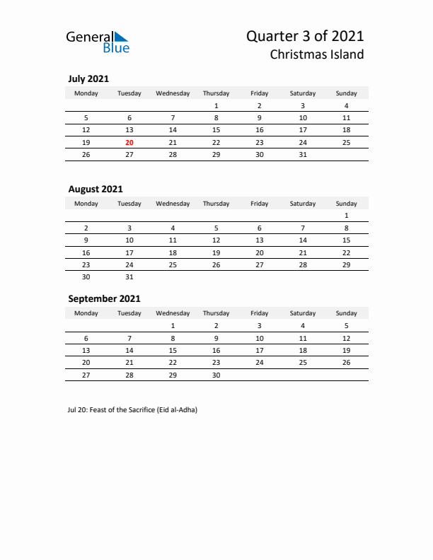 2021 Q3 Three-Month Calendar for Christmas Island