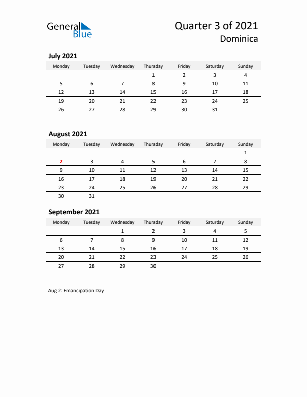 2021 Q3 Three-Month Calendar for Dominica