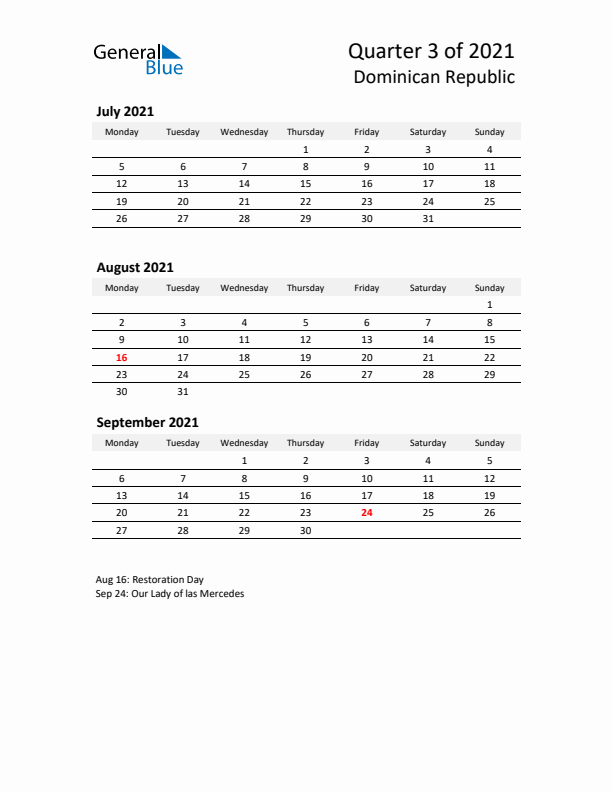 2021 Q3 Three-Month Calendar for Dominican Republic