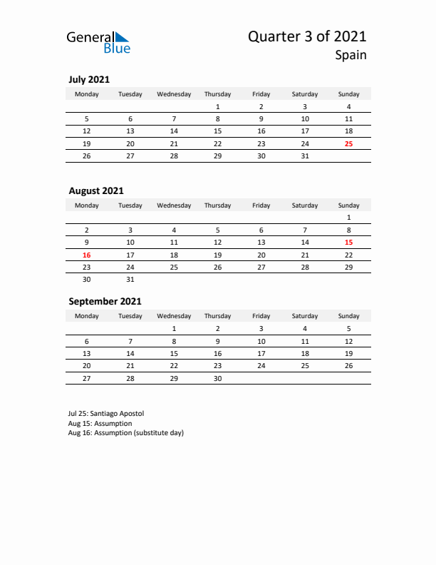 2021 Q3 Three-Month Calendar for Spain