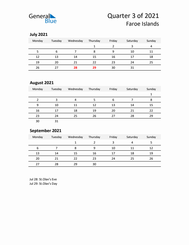 2021 Q3 Three-Month Calendar for Faroe Islands