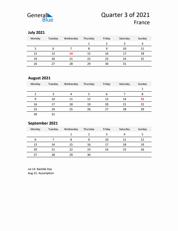 2021 Q3 Three-Month Calendar for France