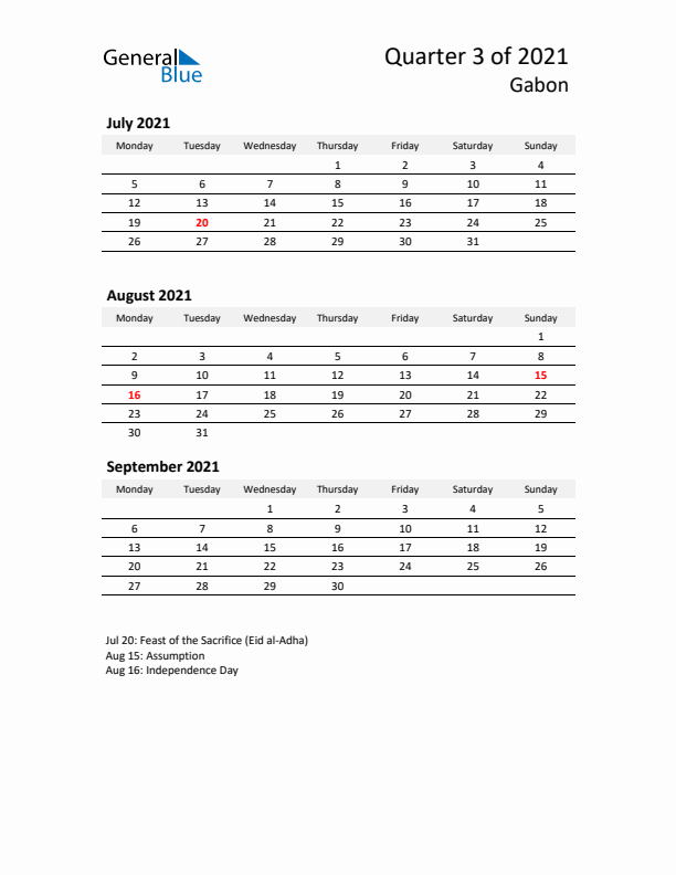 2021 Q3 Three-Month Calendar for Gabon