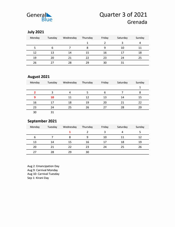 2021 Q3 Three-Month Calendar for Grenada