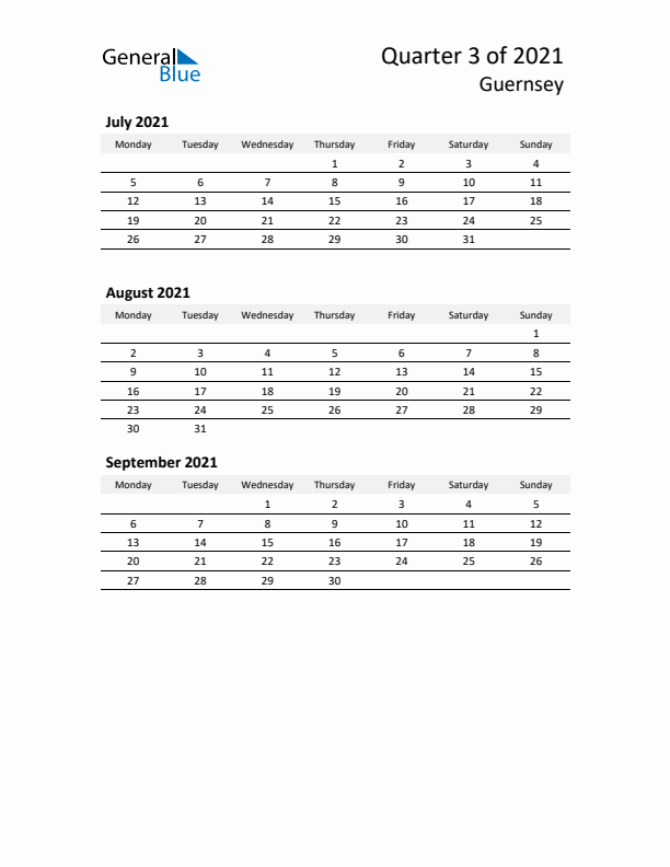 2021 Q3 Three-Month Calendar for Guernsey