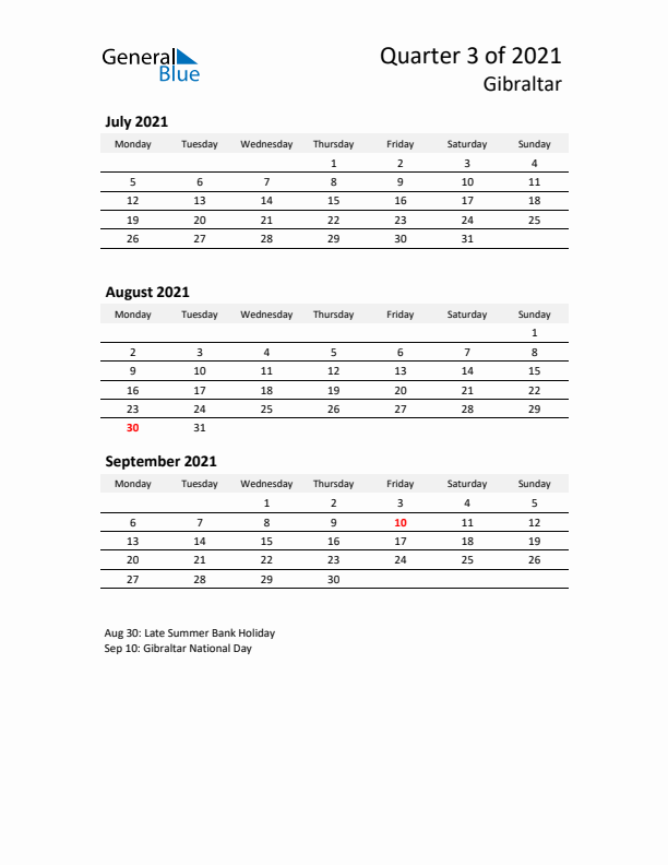 2021 Q3 Three-Month Calendar for Gibraltar