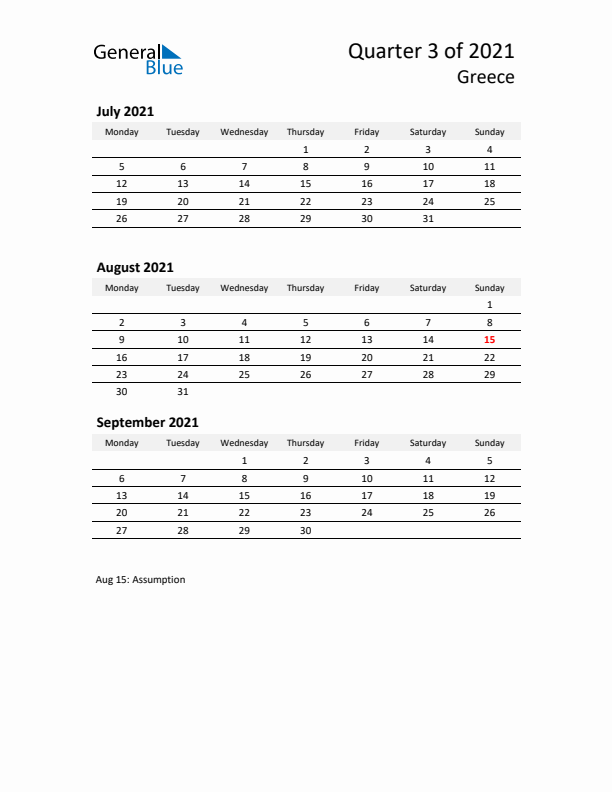 2021 Q3 Three-Month Calendar for Greece