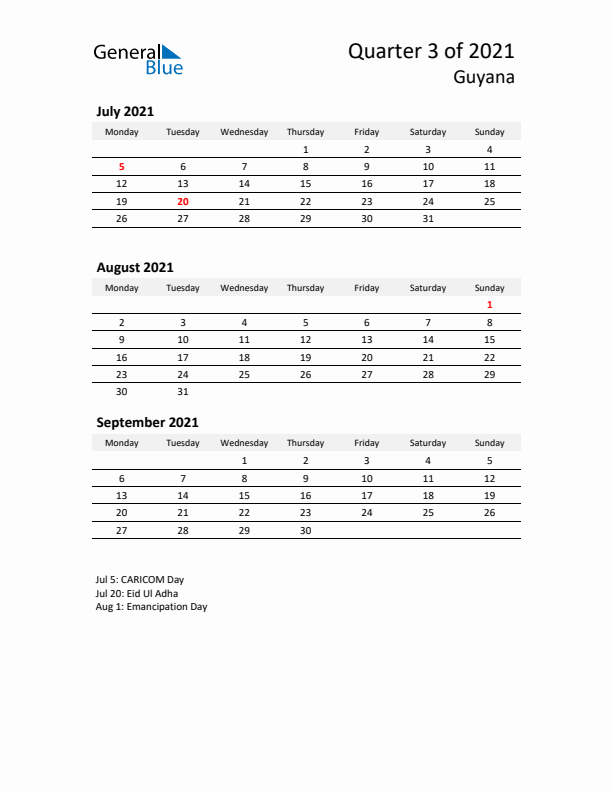 2021 Q3 Three-Month Calendar for Guyana