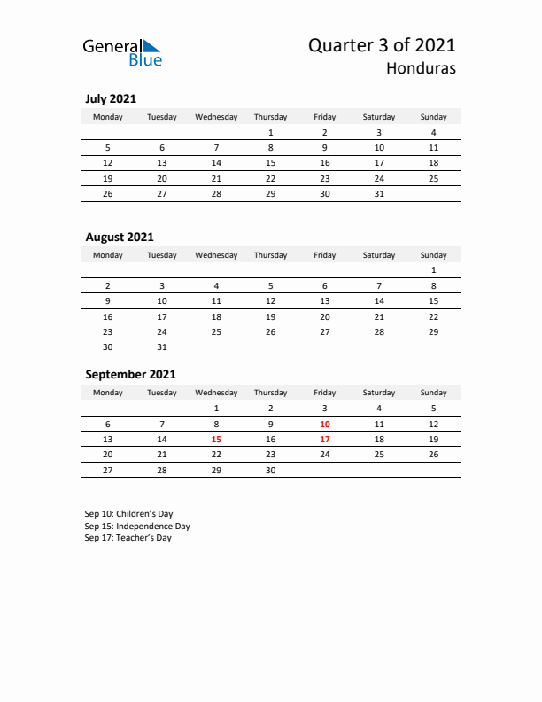 2021 Q3 Three-Month Calendar for Honduras