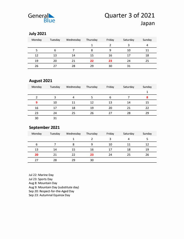 2021 Q3 Three-Month Calendar for Japan