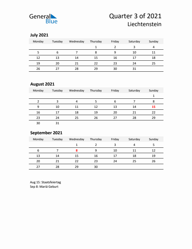 2021 Q3 Three-Month Calendar for Liechtenstein