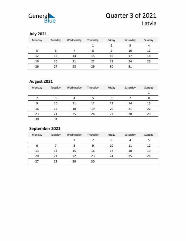 2021 Q3 Three-Month Calendar for Latvia