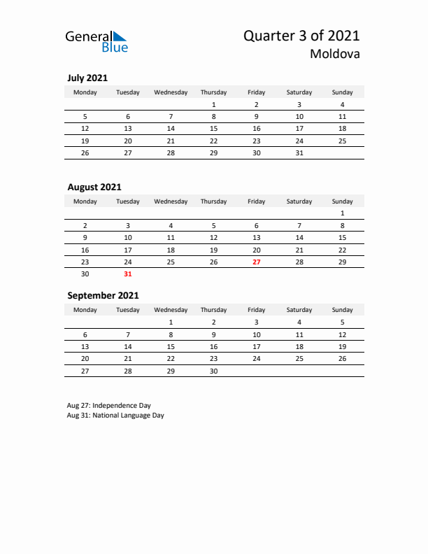 2021 Q3 Three-Month Calendar for Moldova