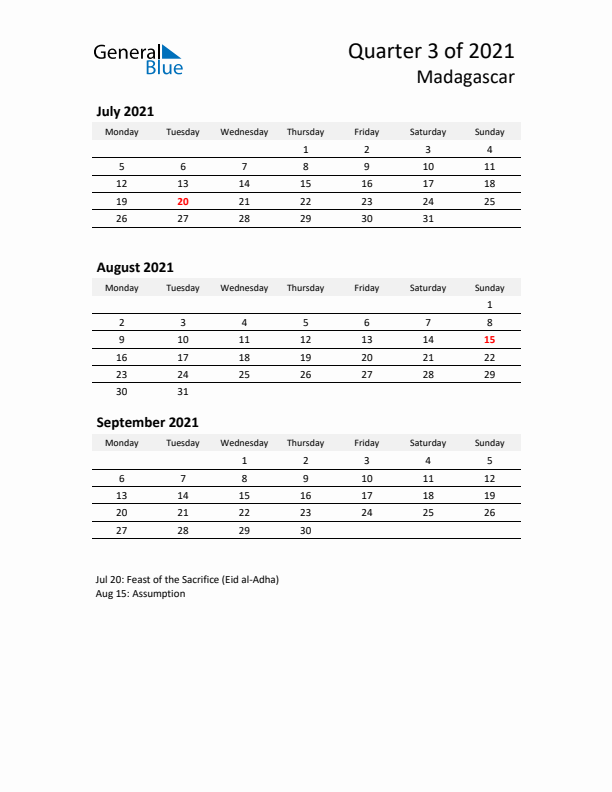 2021 Q3 Three-Month Calendar for Madagascar