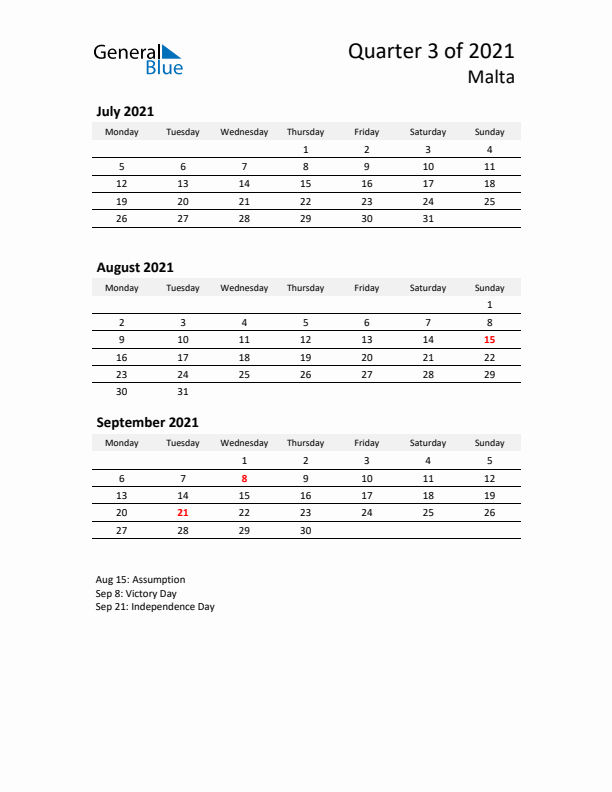 2021 Q3 Three-Month Calendar for Malta