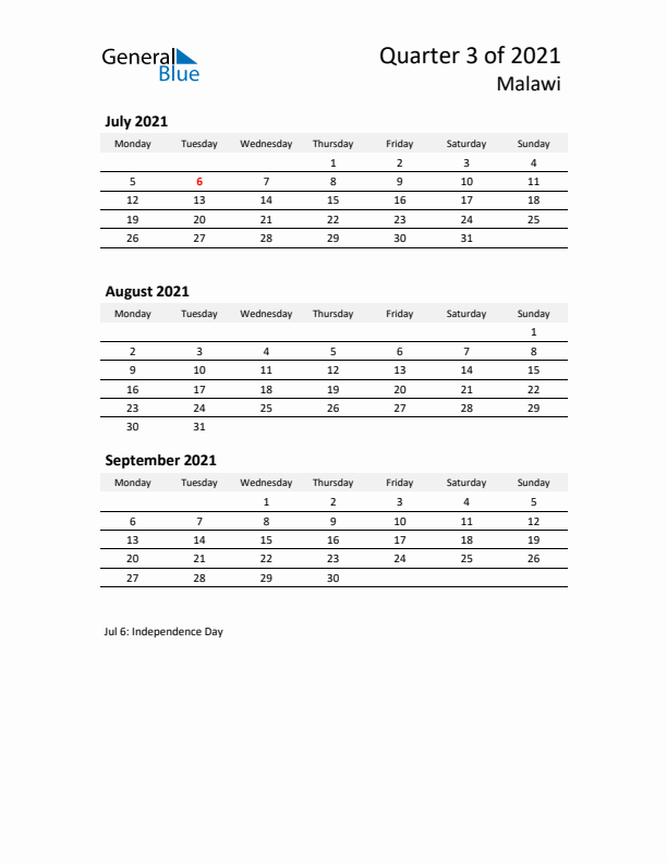 2021 Q3 Three-Month Calendar for Malawi