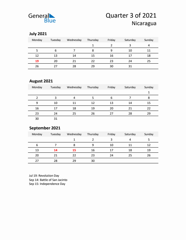 2021 Q3 Three-Month Calendar for Nicaragua