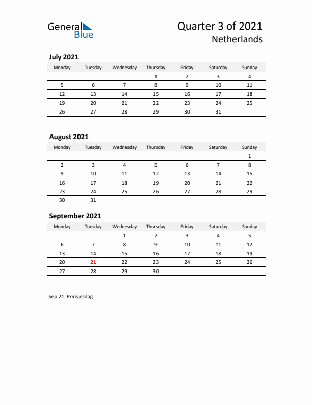 2021 Q3 Three-Month Calendar for The Netherlands