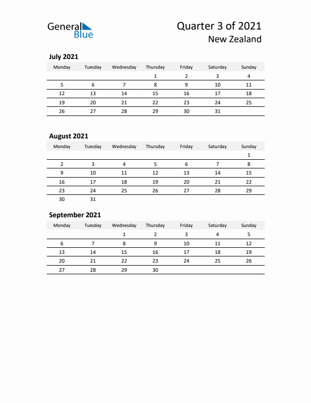 2021 Q3 Three-Month Calendar for New Zealand