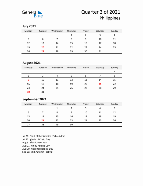 2021 Q3 Three-Month Calendar for Philippines