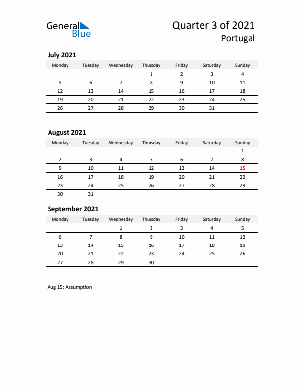 2021 Q3 Three-Month Calendar for Portugal