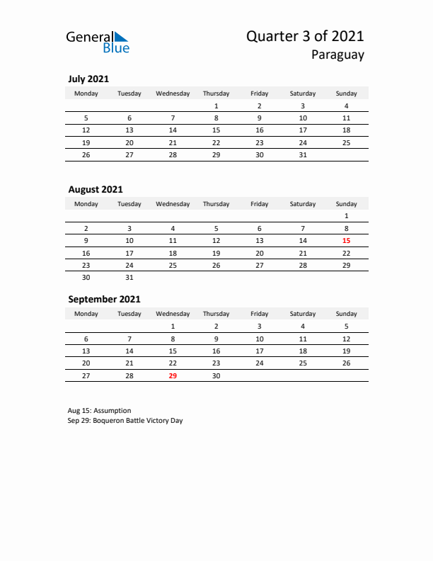 2021 Q3 Three-Month Calendar for Paraguay