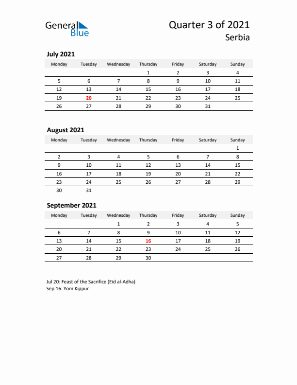 2021 Q3 Three-Month Calendar for Serbia