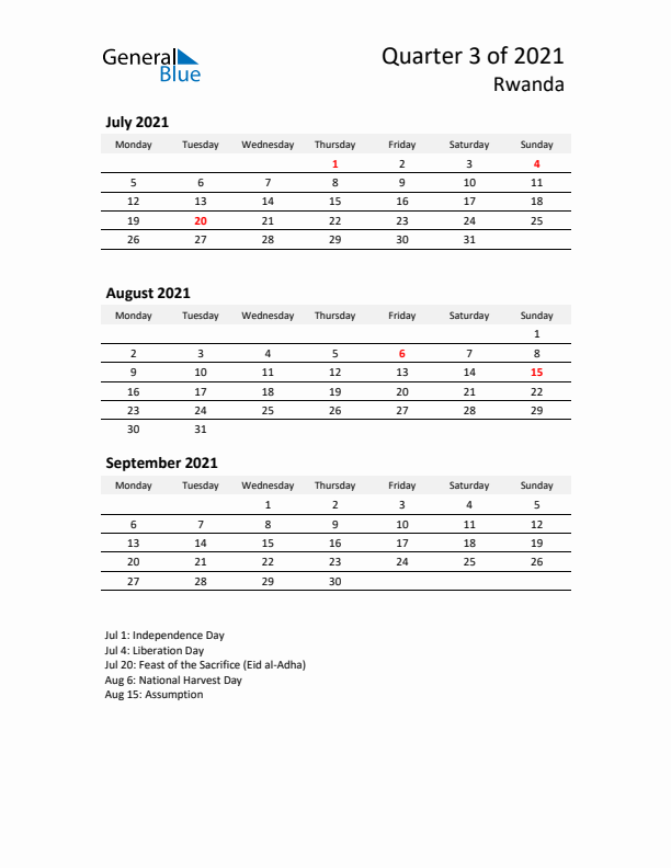 2021 Q3 Three-Month Calendar for Rwanda