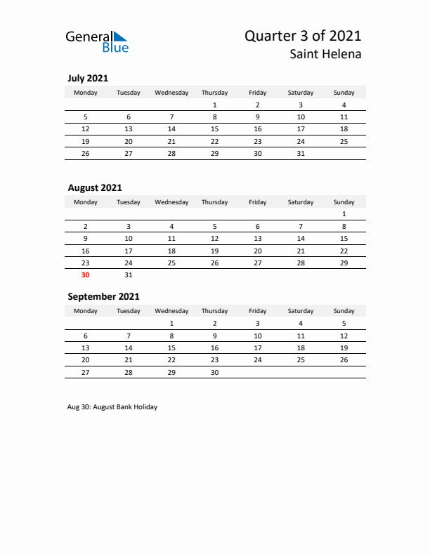 2021 Q3 Three-Month Calendar for Saint Helena