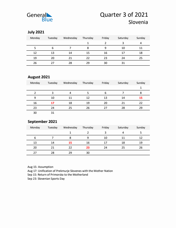 2021 Q3 Three-Month Calendar for Slovenia