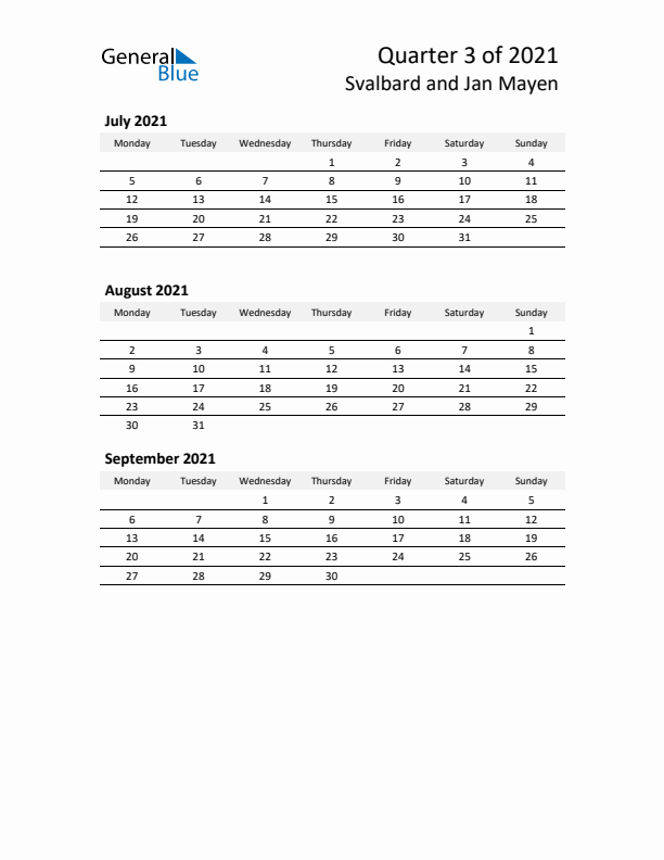 2021 Q3 Three-Month Calendar for Svalbard and Jan Mayen